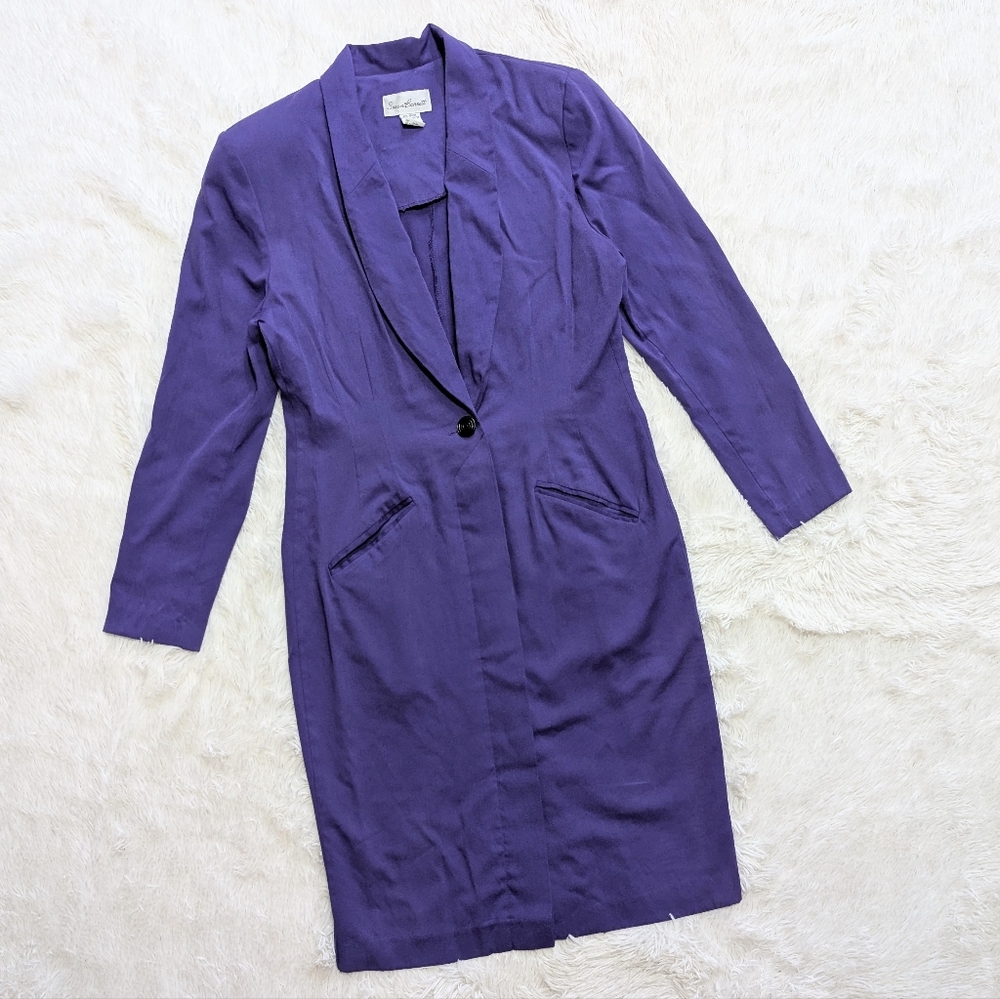 80s Susan Bennett Purple Plunge Neck Office Siren Blazer Style Vintage Dress 12
